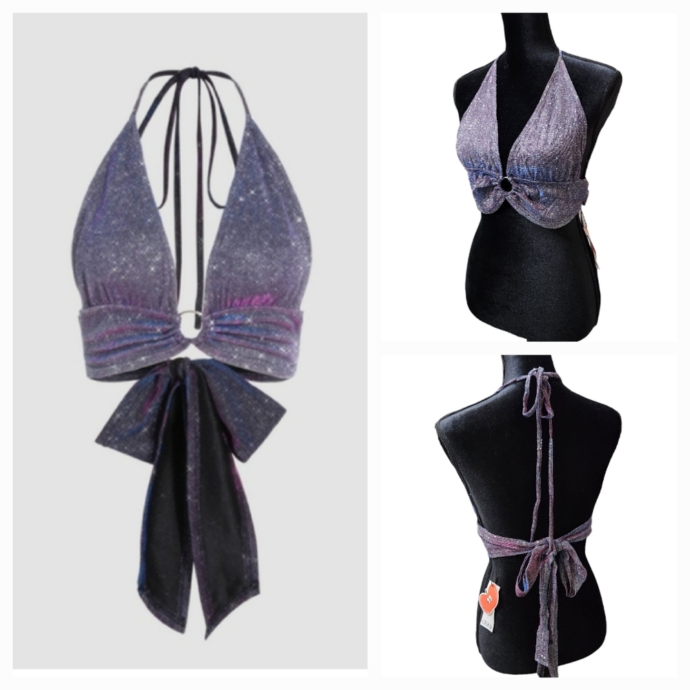 NWT Cider Glittee Purple Halter Crop Stripes Top Pole Dance Homecoming XL
